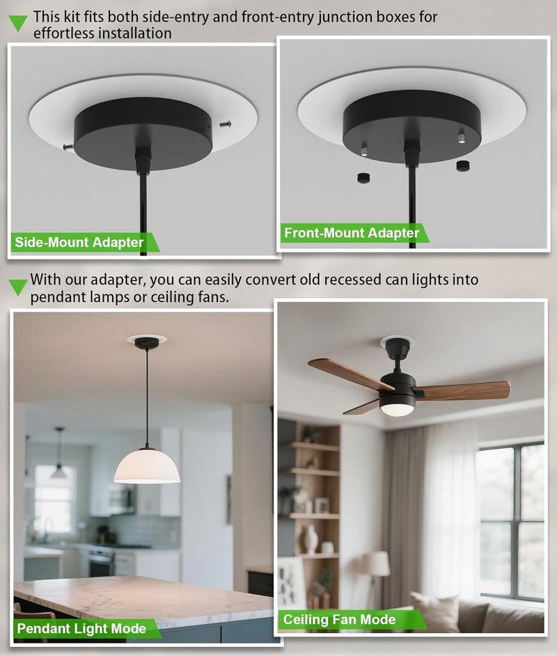 tebio Recessed Can Light Conversion Kit for 5" and 6" Ceiling Fixtures - Pendant/Hanging Light Upgrade, Compatible with Ceiling Fans, Includes 7¾" Flat Steel Medallion, White Finish,2 Pack - Image 3
